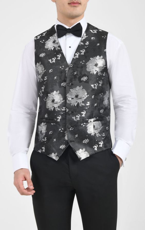 Dobell Black Silver Floral Jacquard Vest