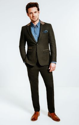Dobell Dark Green Donegal Tweed Slim Fit Suit with Oatmeal Trim