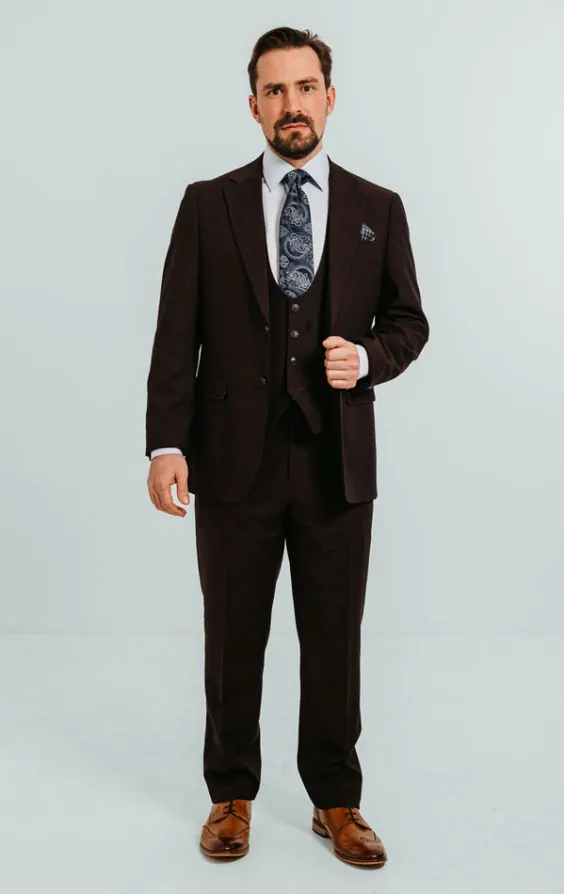 Men’s Burgundy 3-Piece Suit – Burgundy Three Buttons Vested Suit - Pleated Pants Classic Fit Athletic Cut