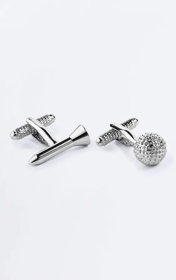 Silver Coloured Golf Ball and Tee Cufflinks