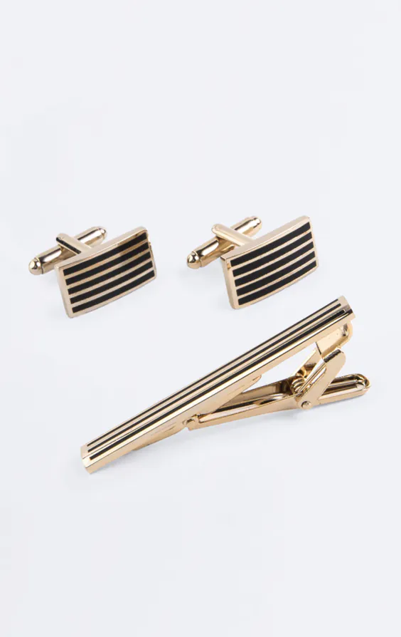 Gold and Black Coloured Rectangle Cufflinks and Tie Clip Gold and Black Coloured Rectangle Cufflinks and Tie Clip