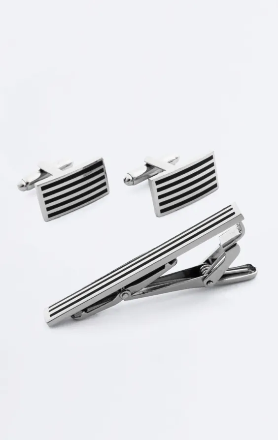 Silver and Black Coloured Rectangle Cufflinks and Tie Clip Silver and Black Coloured Rectangle Cufflinks and Tie Clip