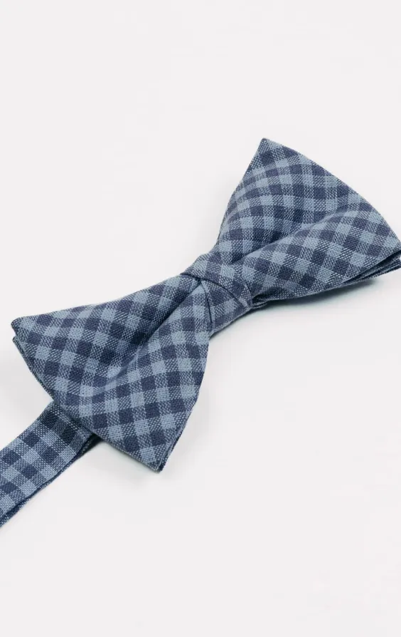 Blue Gingham Check Linen Bow Tie - photo 1