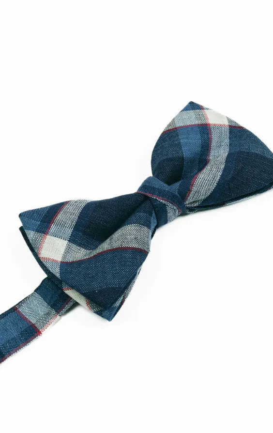 Blue Bold Check Linen Bow Tie - photo 1
