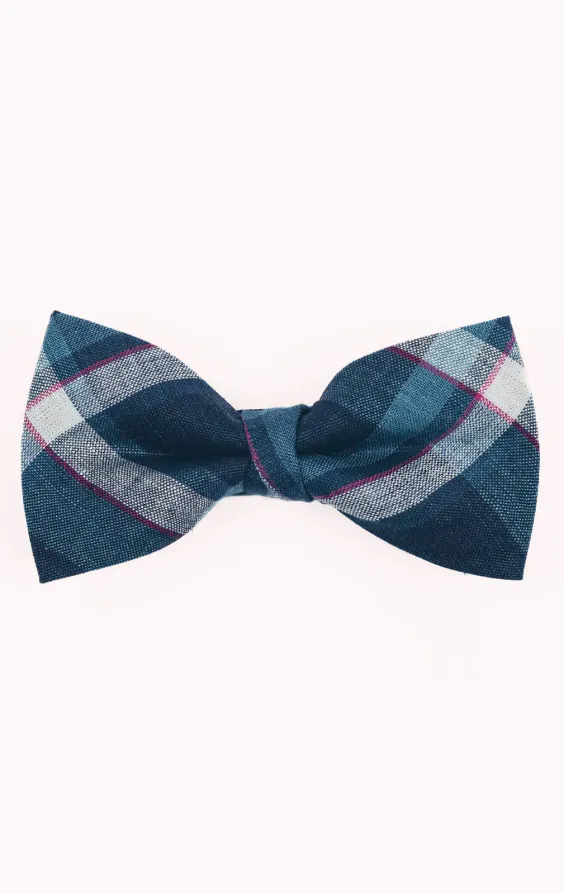 Blue Bold Check Linen Bow Tie
