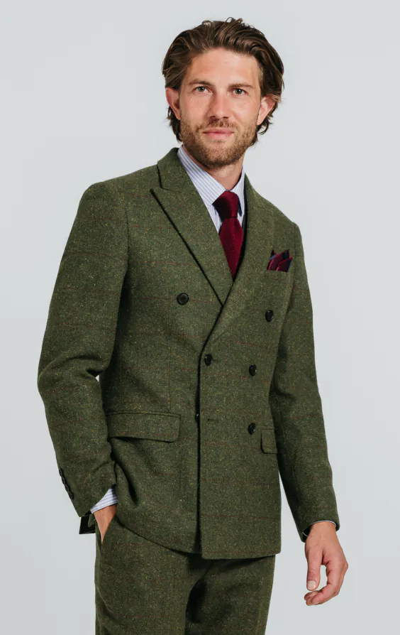 Double Breasted Green Windowpane Check Tweed Jacket