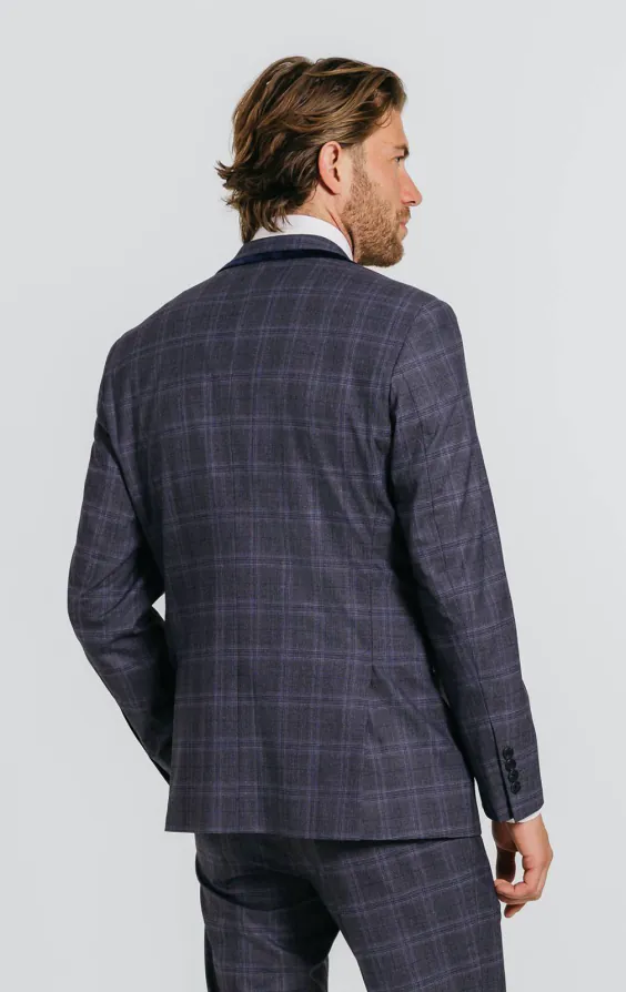 Grey and Blue Check with Navy Trim Suit Jacket - photo 1