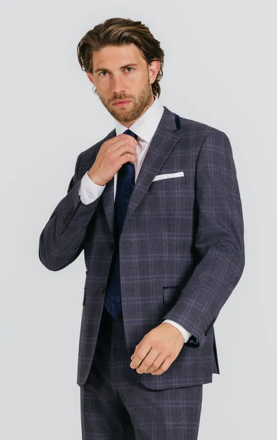 Grey and Blue Check with Navy Trim Suit Jacket