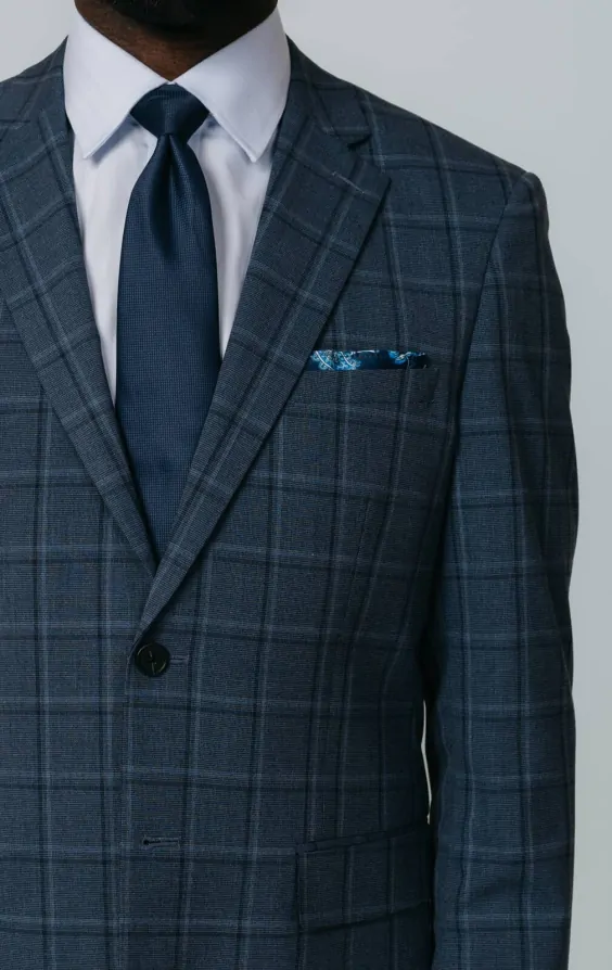 Blue Plaid Check Premium Slim Fit Windowpane Wool Suit