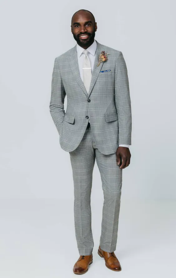 Grey with Tan Check Suit Jacket with Peak Lapel - photo 1