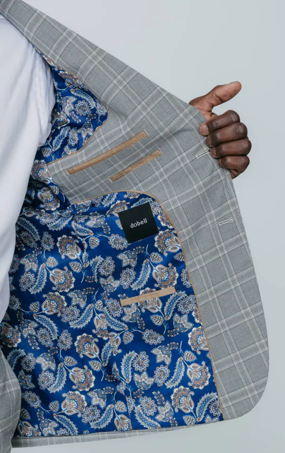 Grey with Tan Check Suit Jacket with Peak Lapel - photo 4