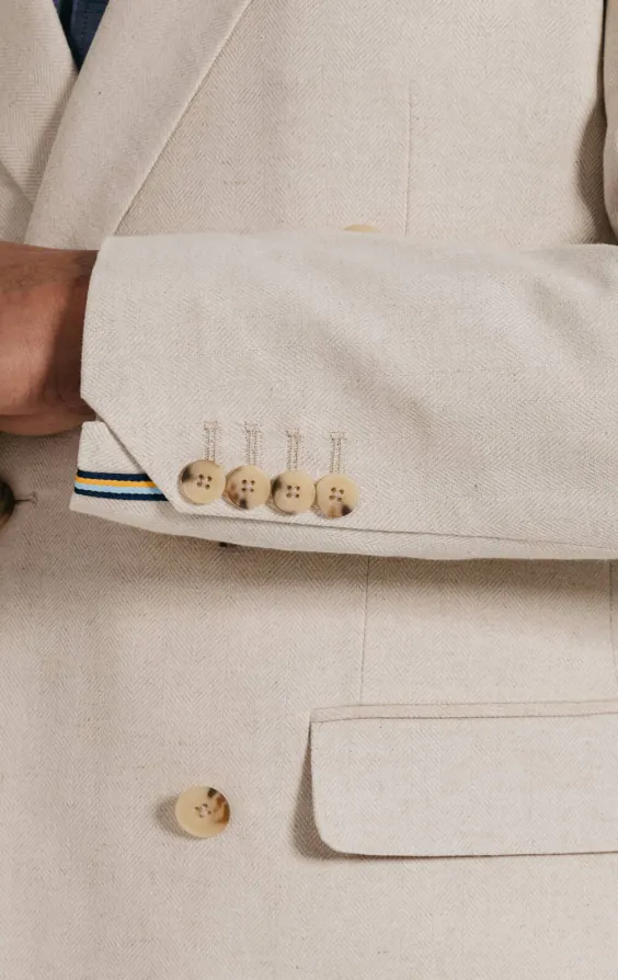 Oatmeal Linen Herringbone Double Breasted Suit Jacket with Peak Lapel - photo 2