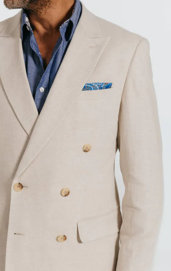 Oatmeal Linen Herringbone Double Breasted Suit Jacket with Peak Lapel - photo 3