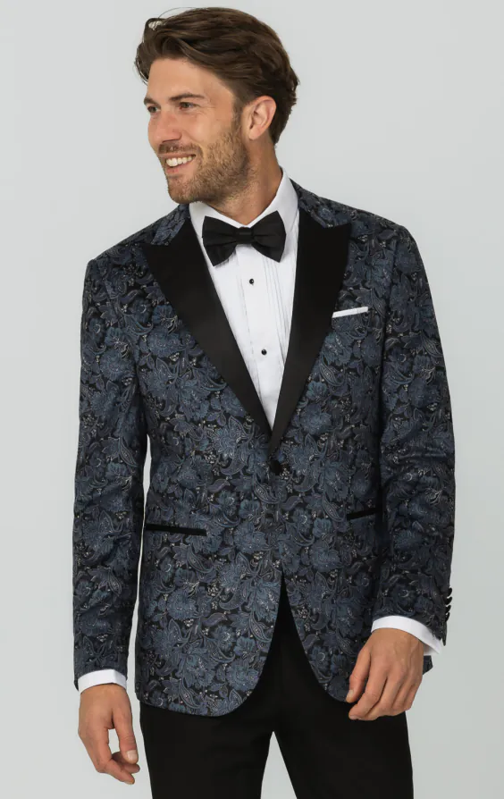 Blue Paisley Velvet Print Dinner Jacket with Peak Lapel Blue Paisley Velvet Print Dinner Jacket with Peak Lapel