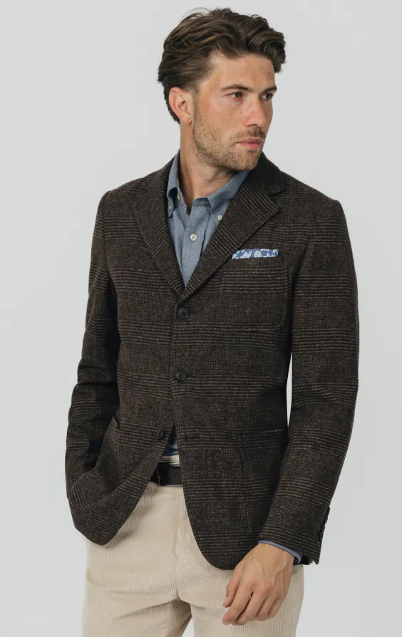 Brown Prince of Wales Tweed Jacket with Patch Pockets Brown Prince of Wales Tweed Jacket with Patch Pockets