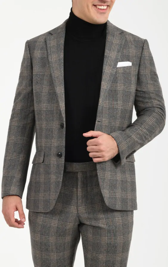 Dobell Grey with Brown Overcheck Wool Blend Suit Jacket Dobell