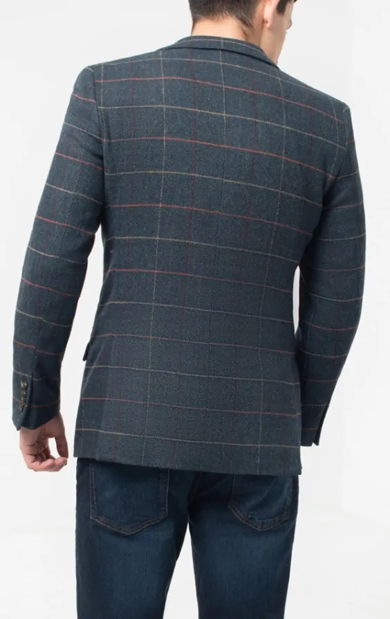 Dobell Blue Windowpane Check Tweed Jacket Dobell