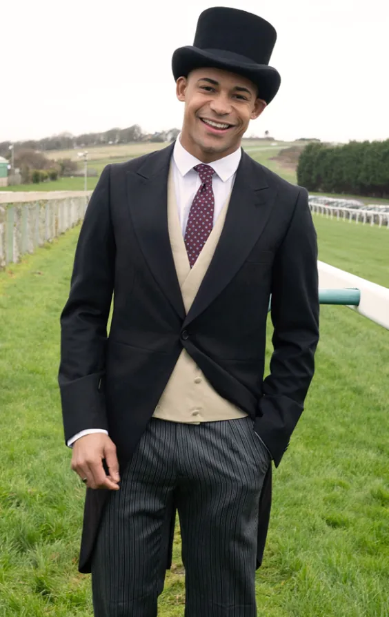 Black Wool Herringbone Morning Suit with Striped Trousers Black Wool Herringbone Morning Suit with Striped Trousers