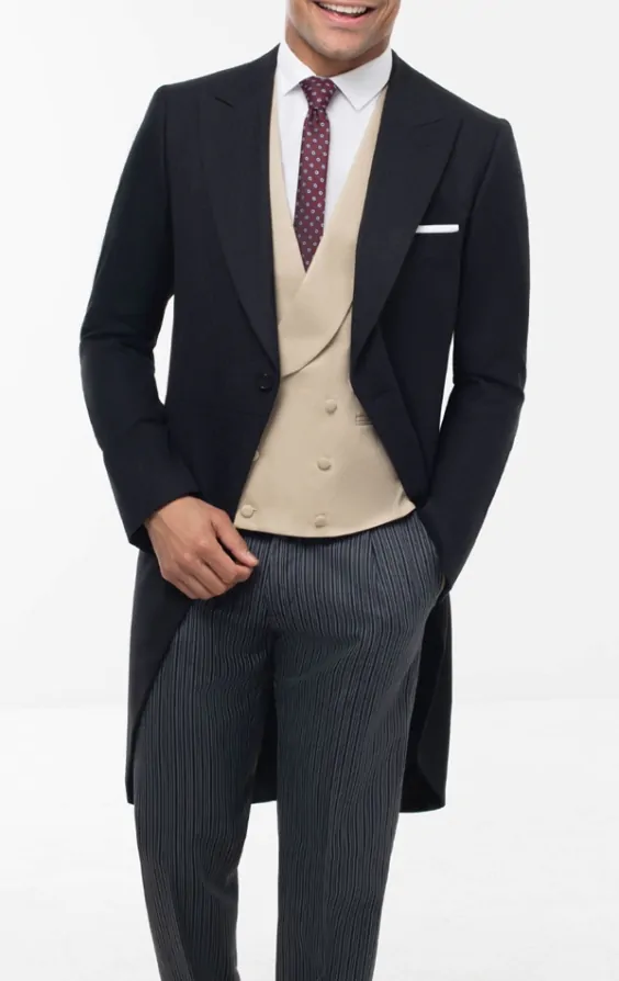Dobell Black Herringbone Morning Suit with Striped Trousers Dobell