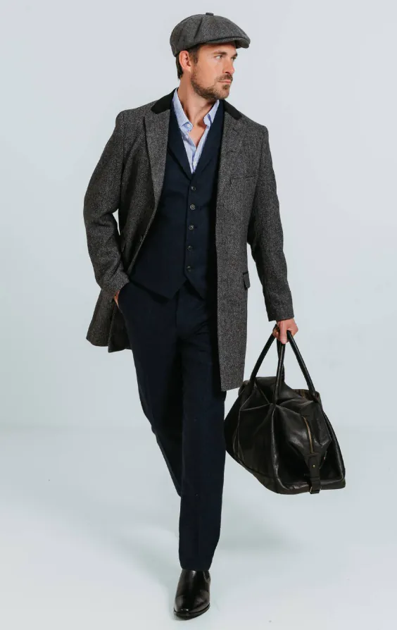 Dobell Grey Herringbone Tweed Overcoat with Velvet Trims - photo 1 Dobell Grey Herringbone Tweed Overcoat with Velvet Trims - photo 1