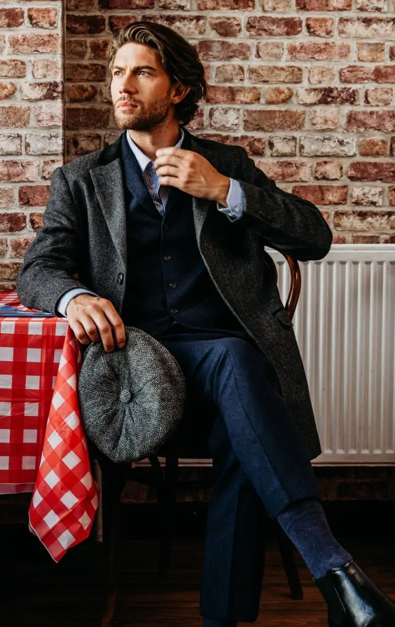 Dobell Grey Herringbone Tweed Overcoat with Velvet Trims Dobell