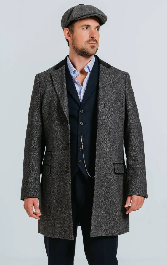 Dobell Grey Herringbone Tweed Overcoat with Velvet Trims Dobell Grey Herringbone Tweed Overcoat with Velvet Trims