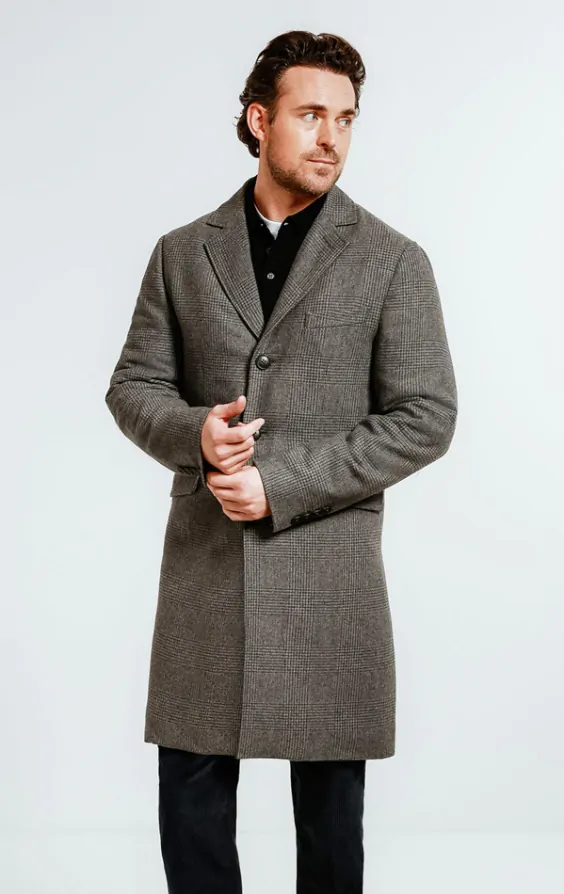 Dobell Grey Prince of Wales Check Tweed Overcoat