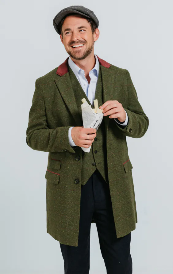 Dobell Green Windowpane Check Tweed Overcoat with Velvet Trims - photo 1 Dobell Green Windowpane Check Tweed Overcoat with Velvet Trims - photo 1