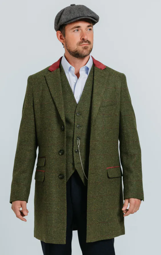 Dobell Green Windowpane Check Tweed Overcoat with Velvet Trims Dobell Green Windowpane Check Tweed Overcoat with Velvet Trims