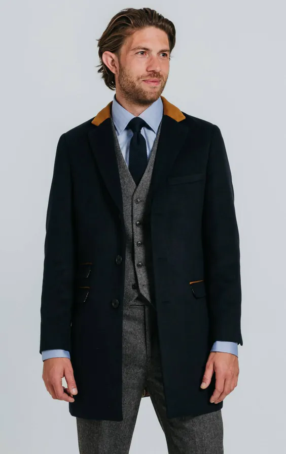 Navy Overcoat with Tan Trims Navy Overcoat with Tan Trims