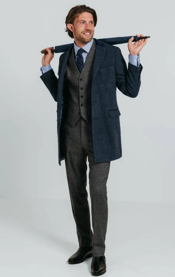 Navy Herringbone Overcoat with Velvet Trim - photo 1