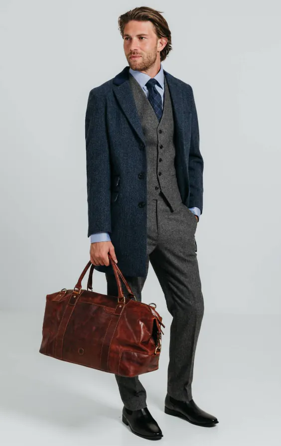 Navy Herringbone Overcoat with Velvet Trim - photo 2