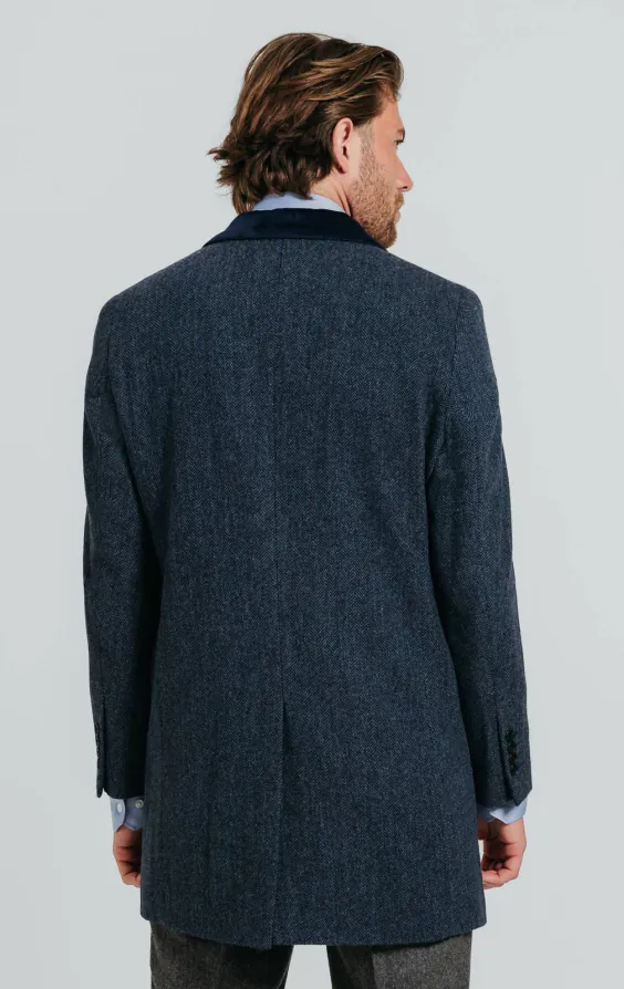 Navy Herringbone Overcoat with Velvet Trim - photo 3