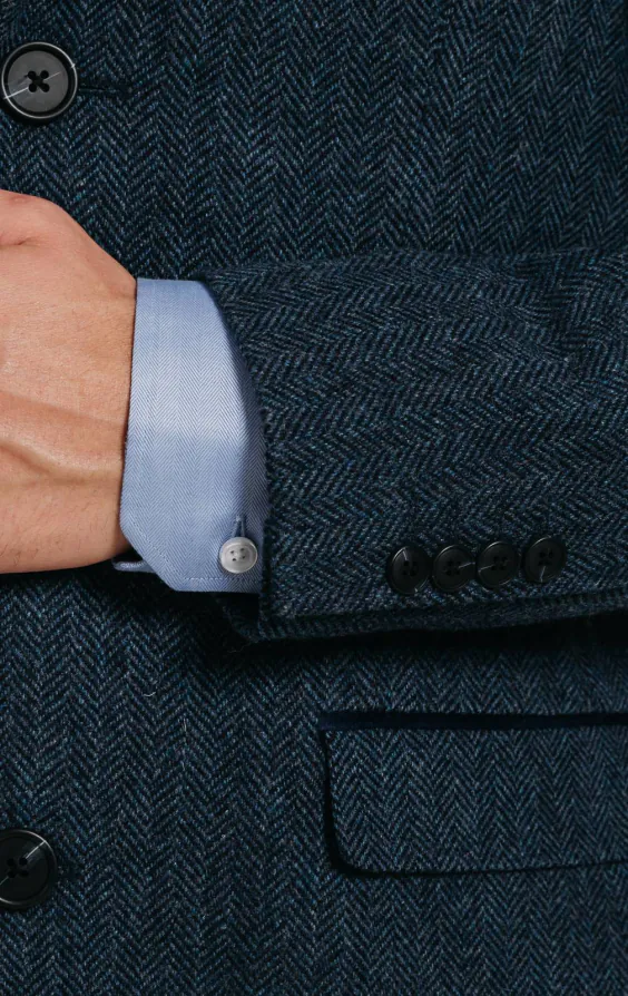 Navy Herringbone Overcoat with Velvet Trim - photo 4