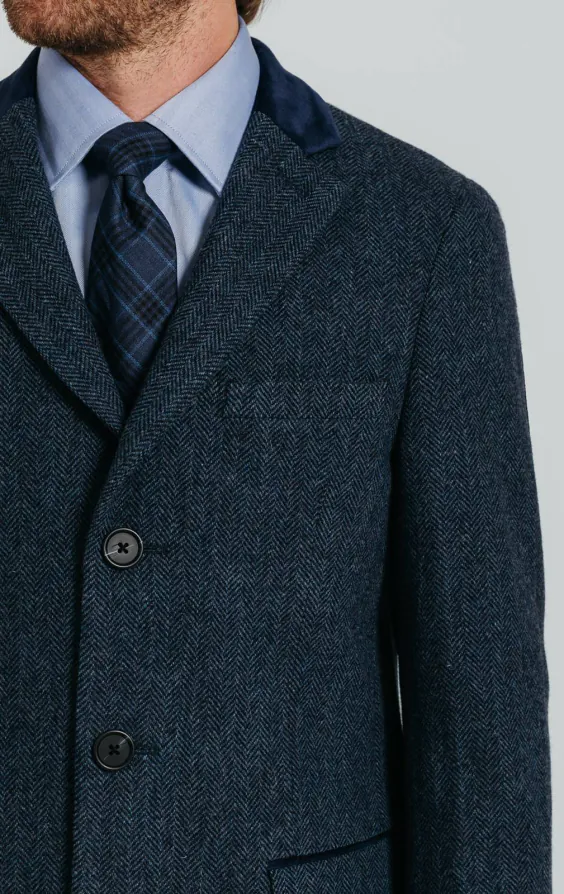 Navy Herringbone Overcoat with Velvet Trim - photo 5