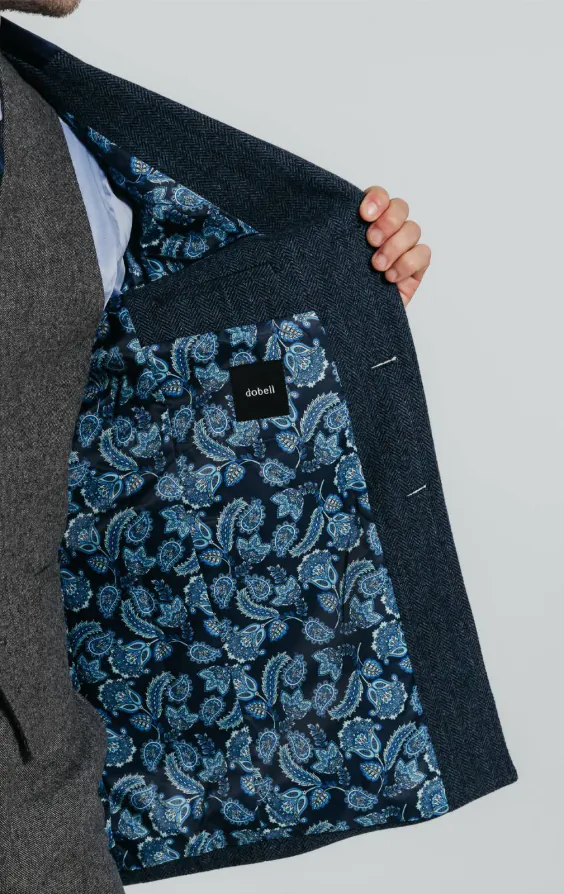 Navy Herringbone Overcoat with Velvet Trim - photo 6