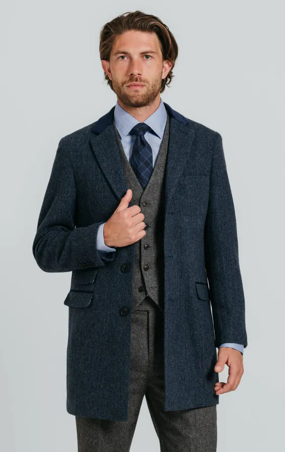 Navy Herringbone Overcoat with Velvet Trim
