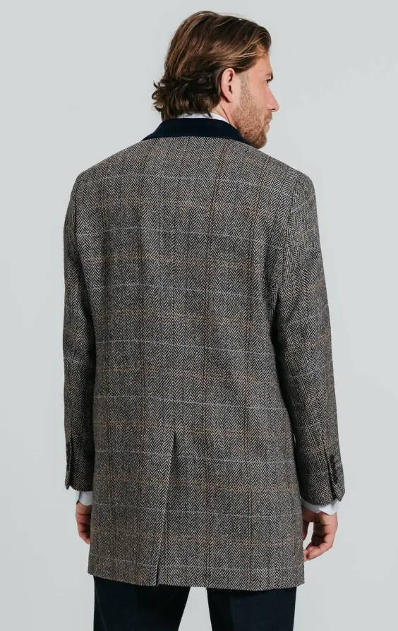 Grey and Blue Check Tweed Wool Blend Overcoat with Velvet Trim Dobell