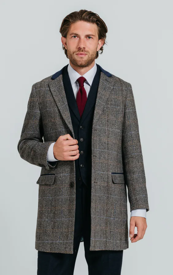 Grey and Blue Check Tweed Wool Blend Overcoat with Velvet Trim Grey and Blue Check Tweed Wool Blend Overcoat with Velvet Trim