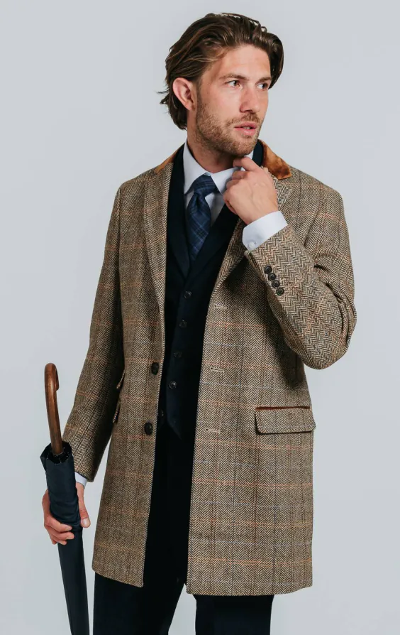 Brown and Blue Check Tweed Wool Blend Overcoat with Velvet Trim - photo 1 Brown and Blue Check Tweed Wool Blend Overcoat with Velvet Trim - photo 1