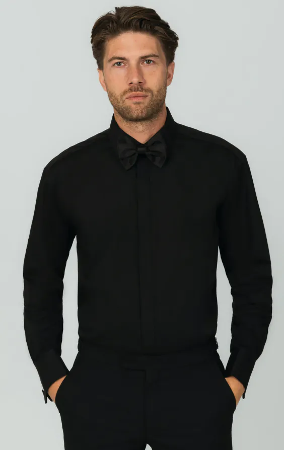 Standard Collar, Plain Front Black Tuxedo Shirt Standard Collar, Plain Front Black Tuxedo Shirt