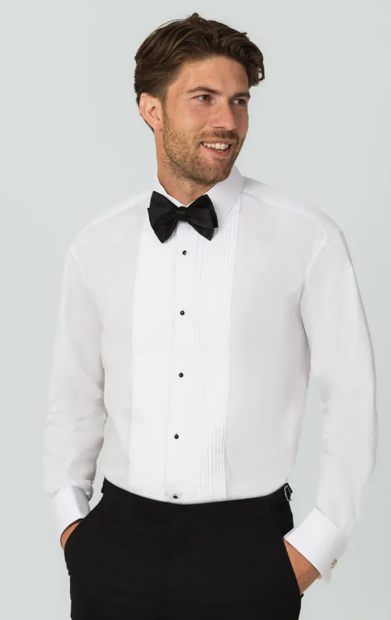 100% Cotton, Standard Collar, Stud Button Pleated Front Tuxedo Shirt by Dobell 100% Cotton, Standard Collar, Stud Button Pleated Front Tuxedo Shirt by Dobell