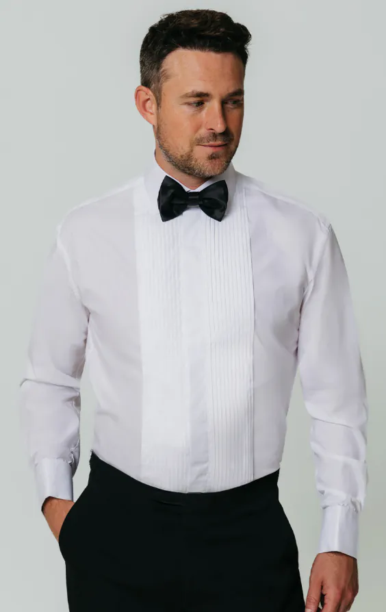 Dobell White Slim Fit Pleated Front Tuxedo Shirt with Classic Collar