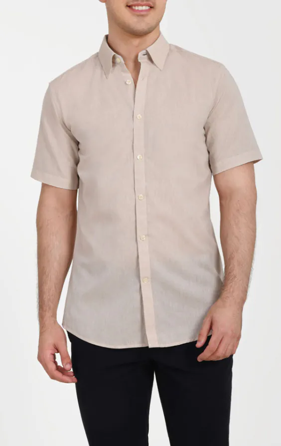 Dobell Stone Linen Short Sleeve Shirt