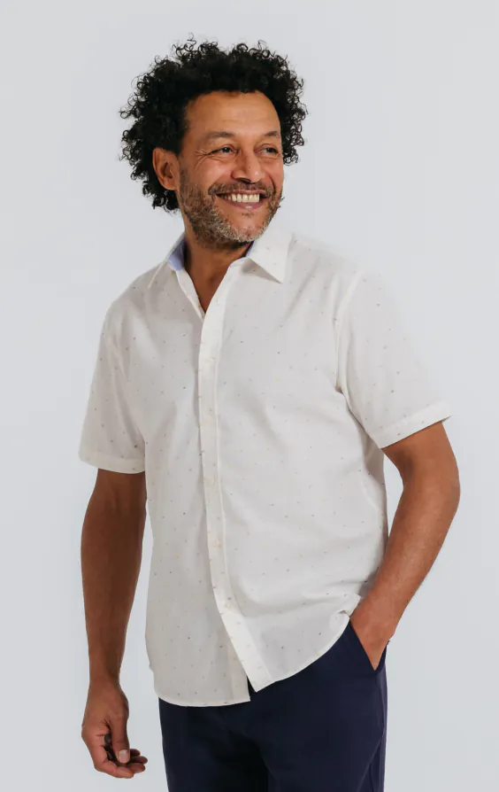 White Short Sleeve Shirt with Coloured Weave White Short Sleeve Shirt with Coloured Weave