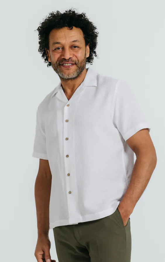 White Waffle Cuban Collar Short Sleeve Cotton Shirt White Waffle Cuban Collar Short Sleeve Cotton Shirt