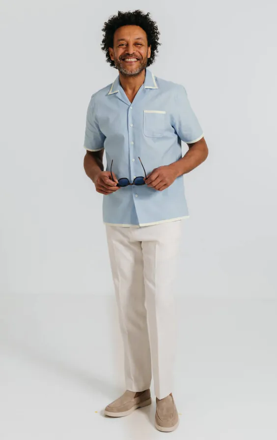 Light Blue Linen Cuban Collar Shirt with Contrast Tipping - photo 1 Light Blue Linen Cuban Collar Shirt with Contrast Tipping - photo 1