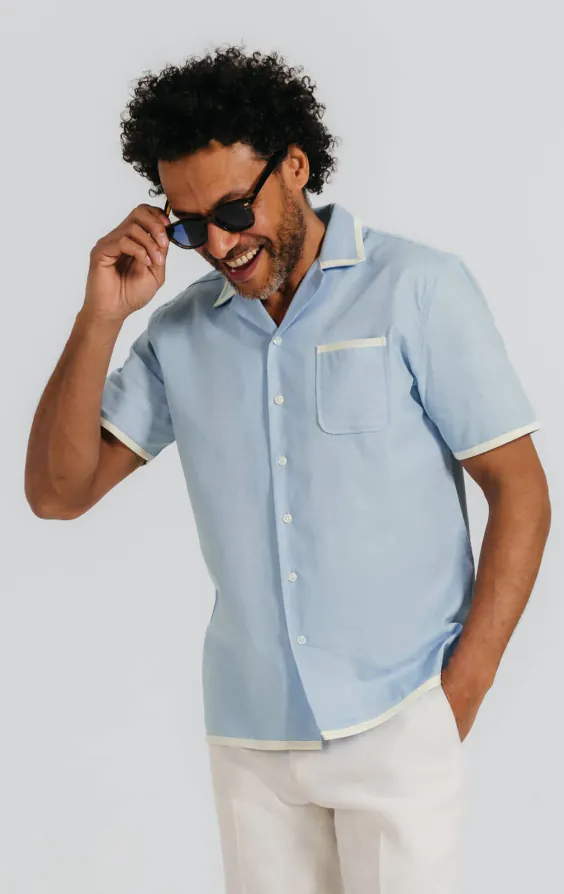 Light Blue Linen Cuban Collar Shirt with Contrast Tipping Light Blue Linen Cuban Collar Shirt with Contrast Tipping