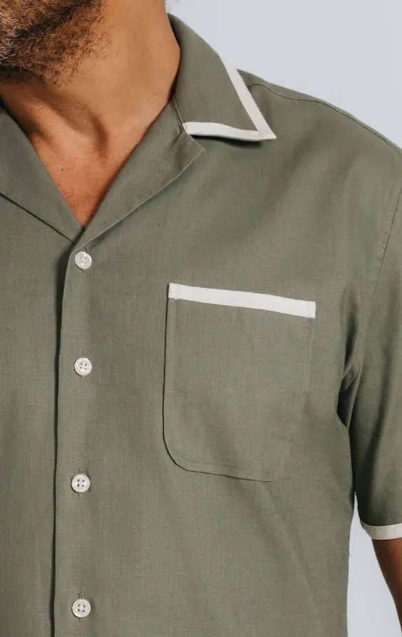 Khaki Linen Cuban Collar Shirt with Contrast Tipping - photo 2 Khaki Linen Cuban Collar Shirt with Contrast Tipping - photo 2