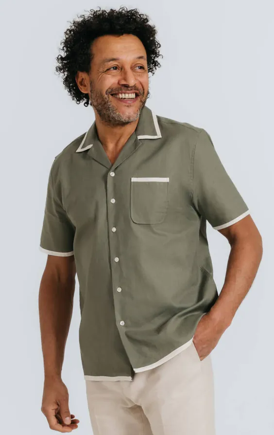 Khaki Linen Cuban Collar Shirt with Contrast Tipping Khaki Linen Cuban Collar Shirt with Contrast Tipping